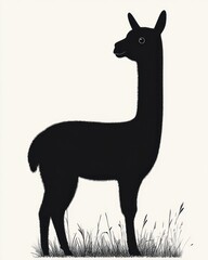 Obraz premium black silhouette of a standing llama on grass with a calm curious expression