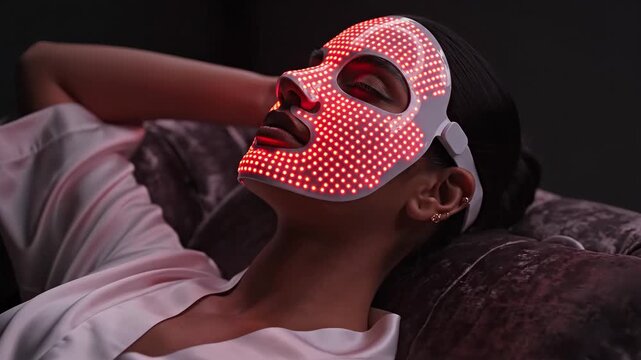 A woman relaxing while wearing a modern red light LED therapy face mask for skin rejuvenation high-tech beauty treatment is shown in a home spa setting