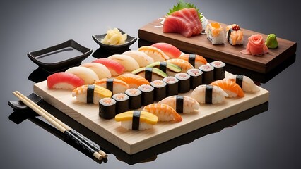 Assorted Sushi Collection on Wooden Serving Boards