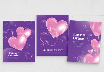 Valentines Day Flyer Poster Template in Cute Purple & Pink Hues with 3D Glass Love Heart Concept