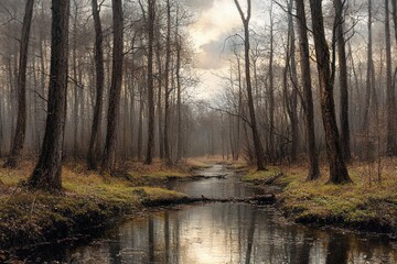 Misty late autumn forest with narrow reflective stream, tall leafless trees and a quiet melancholic atmosphere
