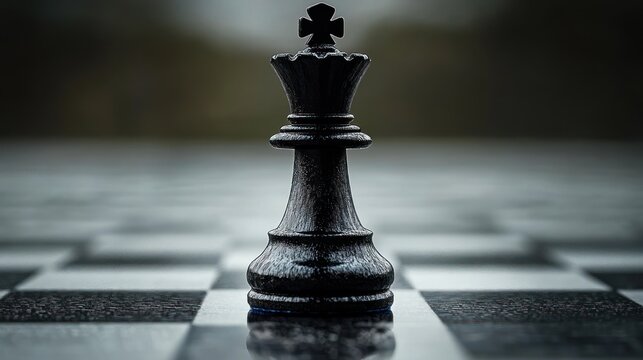 Solitary black king chess piece standing on a reflective chessboard under dramatic moody lighting, evoking power, solitude and quiet determination