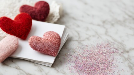 Composition with four felt hearts in shades of red and pink on white paper atop a marble surface, alongside glitter