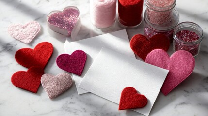Valentine's Day crafting scene shows felt hearts, glitter, blank cards, and spools on a marble surface