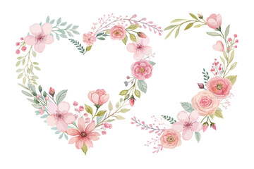 Watercolor Floral Heart Border Romantic Frame vector illustration isolated on white background