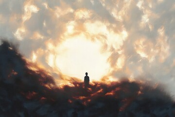 Obraz premium Solitary silhouette standing on a dark ridge beneath swirling glowing clouds with a dramatic burst of light, evoking awe, solitude, and quiet contemplation