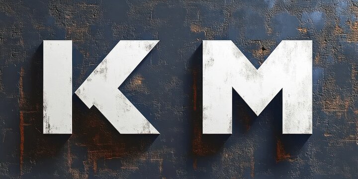 large weathered white block letters k and m mounted on a dark textured rusted wall with a gritty industrial mood
