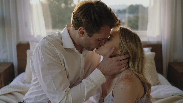 Young couple kissing on bed in bedroom

