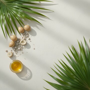 Natural shea nuts, butter, and oil surrounded by tropical palm leaves on a bright surface. babassu