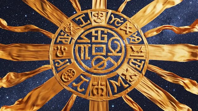 Ornate Golden Occult Symbol Set Against a Starry Cosmic Background with Flowing Golden Ribbons