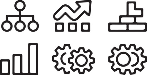 Various abstract business icons showing organizational hierarchy, upward trending charts, construction blocks, and interconnected network diagrams.