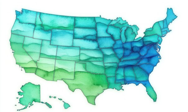 calming watercolor map of the united states in blue and green gradient with visible state borders, textured layered wash and inset alaska and hawaii, serene and peaceful tone