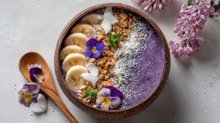 Smoothie bowl with banana slices, granola, coconut flakes, flowers, and mint in a wooden bowl with wooden spoon