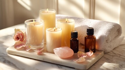 Warm, inviting spa scene with lit candles, essential oils, rose petals, a rose quartz, & rolled white towel on a marble tray