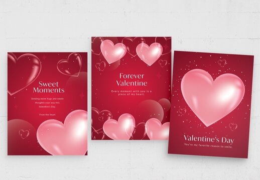 Valentines Day Flyer Poster Template in Deep Red Hues with 3D Glass Love Heart Concept