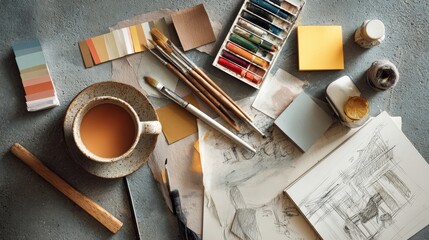 Overhead view of an art studio desk with watercolor palettes, brushes, sketches, paper swatches, a coffee cup, and supplies