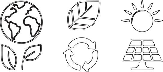 Set of six hand-drawn environmental icons includes the planet Earth, leaves, sun, solar panel, and a circular recycling arrow graphic.