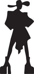 Stylized, exaggerated female figure silhouette wearing wide platform boots and a distinctive hat stands confidently with hands positioned on hips.