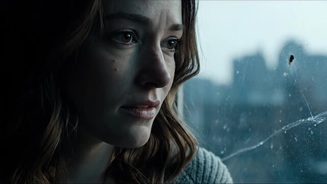 Indoor close up shot of a melancholic woman looking out of the rain splattered window in a gray sweater, showcasing a sad and emotional state.