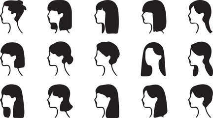Collection of fifteen distinct female head silhouettes displays various short and long hairstyles suitable for beauty or cosmetic branding concepts.