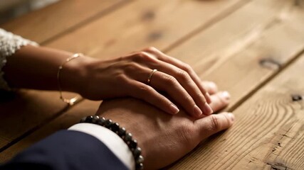 Intimate close up of a bride and groom holding hands, showcasing a gold ring and bracelet on a rustic wooden table during their wedding.