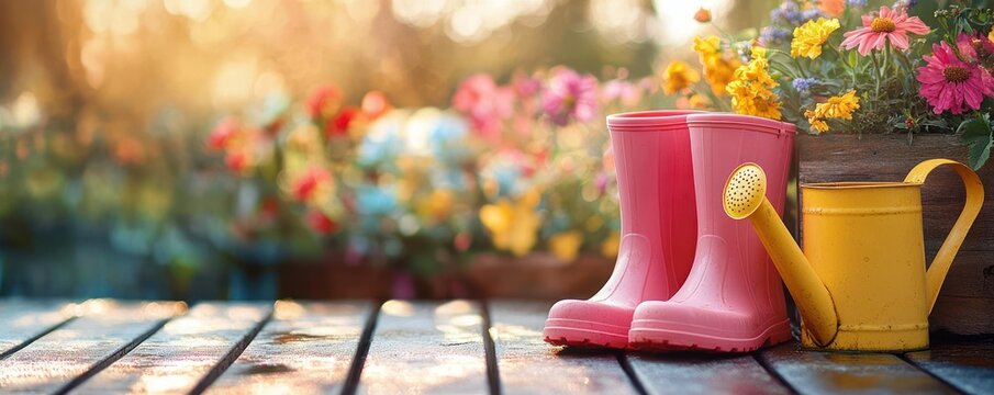 pair of pink rain boots and yellow watering can beside colorful potted flowers on a wooden deck bathed in warm morning sunlight, cheerful and peaceful garden scene
