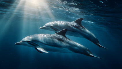 Two bottlenose dolphins swimming gracefully underwater illuminated by sunbeams representing marine life and ocean exploration