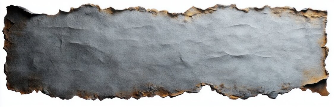 long ragged sheet of burnt paper with charred and scorched edges, weathered grey surface and ash marks, empty distressed banner evoking aged dramatic decay