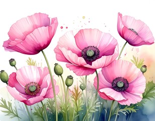 Watercolor illustration of pink poppy flowers in a sunny meadow