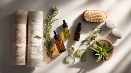 Spa-like setup with rolled towels, essential oil bottles, brush, herbs, sliced aloe, and decorative items. Natural light