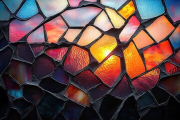 Radiant stained glass mosaic of multicolored broken glass with dark lead lines, glowing orange sunlike center and vibrant sunset reds and blues conveying warmth and drama