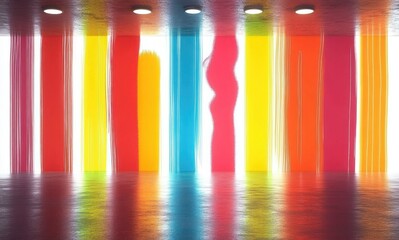 Vibrant interior with flowing vertical bands of neon color, round ceiling lights and mirrored glossy floor creating a playful energetic surreal reflection