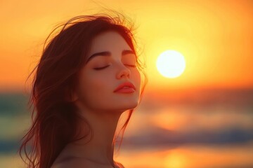 person with windblown long hair at the seaside facing a glowing sunset over calm ocean, warm golden light, serene contemplative mood