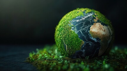 Moss-covered Earth globe resting on soil surrounded by tiny plants, evoking fragile hope and care for nature