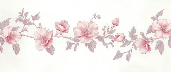 delicate pink rose garland with buds and leaves on a soft cream background conveying romantic vintage elegance