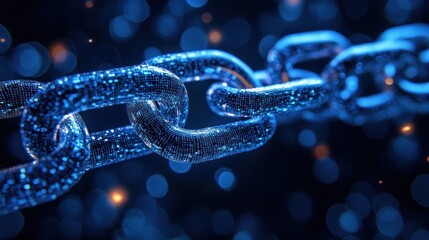 Close-up of glowing blue digital chain links with tiny data particles and blurred bokeh lights, conveying futuristic strength, secure connection and mysterious intensity