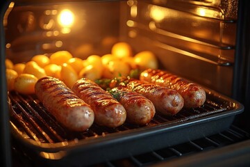 grilled sausages and golden roasted baby potatoes in oven on a grill pan with warm glowing light, savory and cozy scene