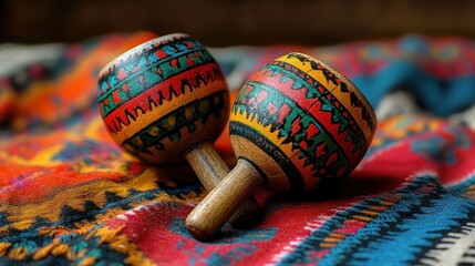 Two colorful painted wooden maracas resting on a vibrant patterned woven textile, evoking a festive and joyful mood