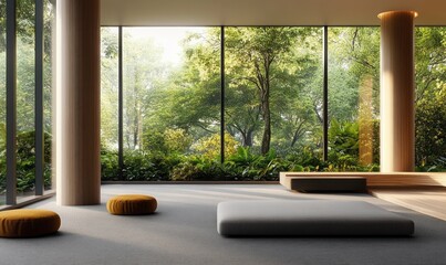 Sunlit minimalist meditation room with floor-to-ceiling windows overlooking lush green forest, wooden columns, low cushions and a simple mattress, serene tranquil atmosphere