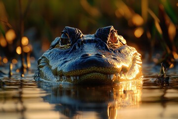 low-angle close-up of an alligator head emerging from golden sunlit swamp water with intense, watchful eyes and exposed teeth creating a stealthy, tense mood