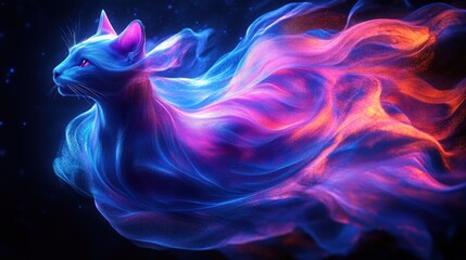 Ethereal glowing cat with flowing neon fur like cosmic flames, serene mysterious expression, vibrant blue pink and orange wisps against a dark starry background