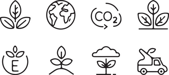 Eco Friendly Sustainability Icons Set &ndash; Green Energy, Environment & Climate Line Vector.