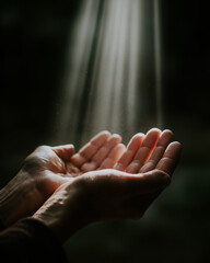 Divine Grace in Reaching Hands: Two hands, outstretched and upturned, are illuminated by celestial rays, evoking a sense of spirituality, hope, and receiving divine blessings. 