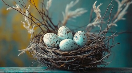 Obraz premium Bird nest with four speckled eggs resting on a rustic wooden ledge, entwined with twigs and soft dried grasses against a blurred teal and golden background, evoking calm and hope
