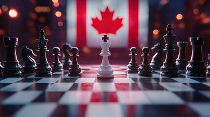 Naklejka premium white king chess piece standing before opposing black pieces on a checkered board with a blurred canadian flag and city lights, evoking strategy, tension and patriotic determination