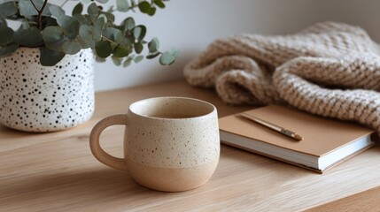 A cozy scene with a mug, eucalyptus, a knitted throw, a journal, and a pen atop a wooden surface