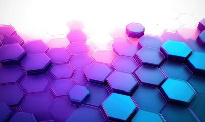 Layered glossy hexagonal tiles in vibrant purple, magenta and cyan gradient with reflective surfaces and glowing light, evoking a futuristic energetic mood