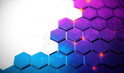 blue and purple glowing hexagonal grid tiles with neon highlights on white background, futuristic and dynamic mood