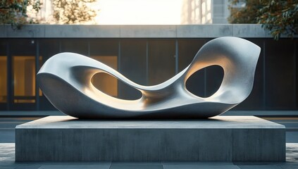 smooth abstract metallic sculpture with flowing loops and voids on a concrete pedestal in an urban plaza bathed in warm golden light, calm and contemplative