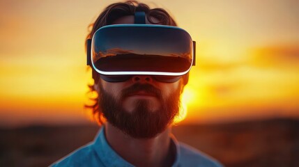 Person wearing virtual reality headset at sunset with warm golden glow, contemplative and immersed mood